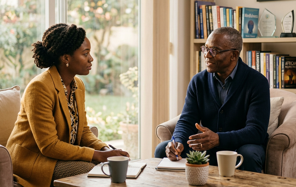 Two colleagues discussing notes over coffee in a book-lined office