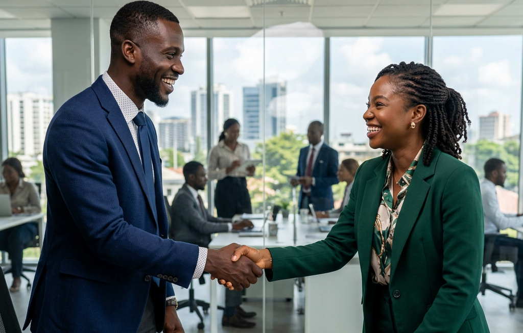 Amara Okonkwo and Kwesi Mensah shake hands across a conference table